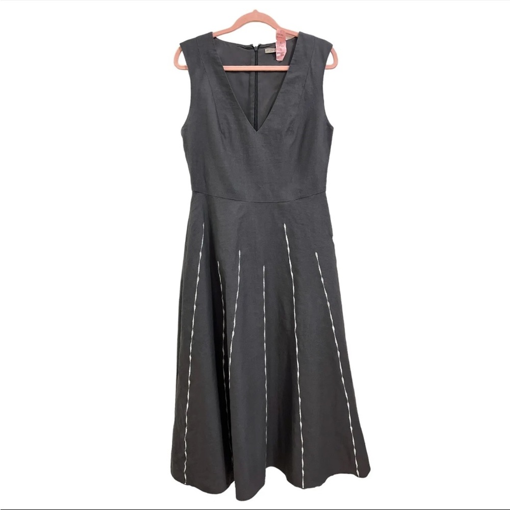 Bottega Veneta Grey Linen V Neck Sleeveless Embroidery Midi Pockets Dress IT42 - Picture 3 of 9